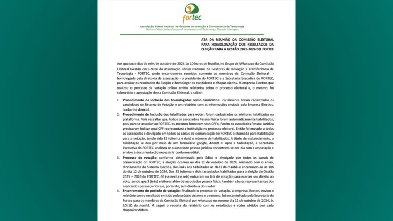Ata com o resultado das Eleições para Gestão 2025-2026 do FORTEC