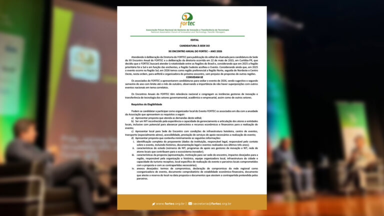 O edital para candidatura à sede do Encontro FORTEC 2026 está disponível