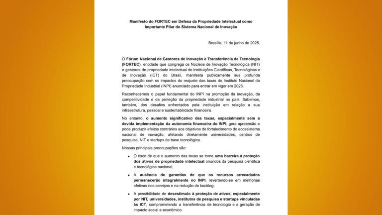 Manifesto do FORTEC em Defesa da Propriedade Intelectual como Importante Pilar do Sistema Nacional de Inovação