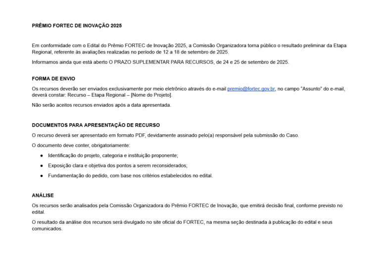 Prêmio FORTEC de Inovação 2025: ABRE PRAZO SUPLEMENTAR PARA RECURSOS