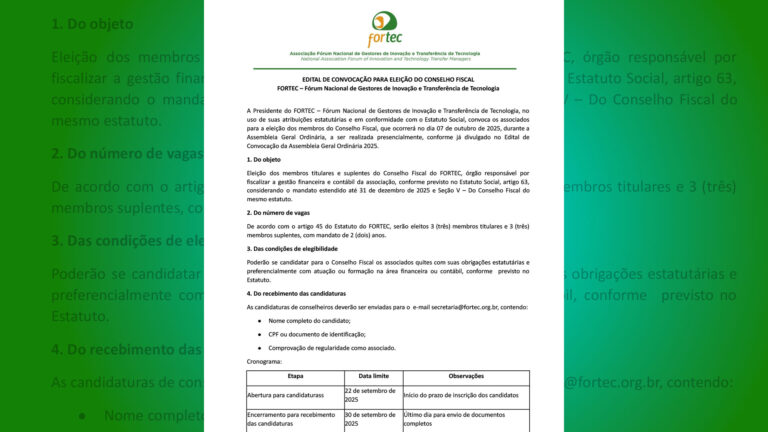 Eleição do Conselho Fiscal do FORTEC será realizada em outubro