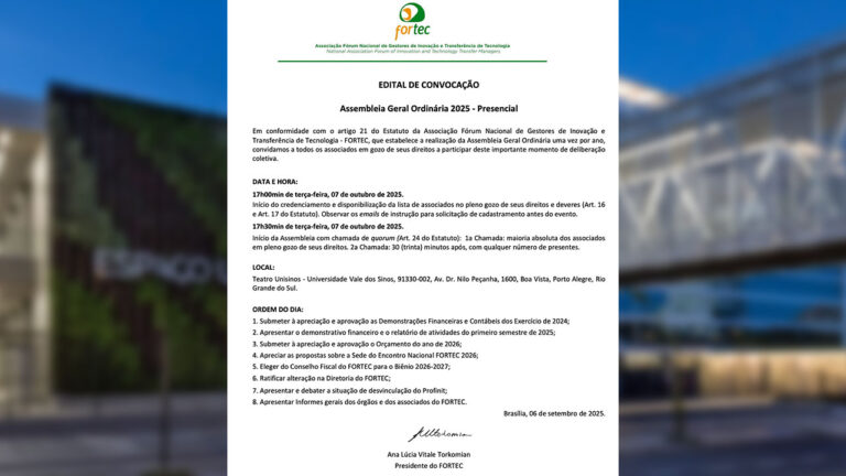 Convocação: Assembleia Geral Ordinária do FORTEC 2025 acontece em 7 de outubro, em Porto Alegre