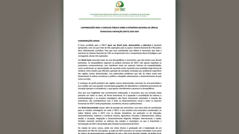 FORTEC envia contribuições institucionais para a ENCTI 2024–2034